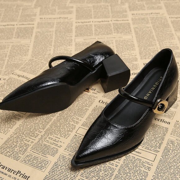 Black Elegant Women's Minimalist Pointed Toe Chunky Heel Pumps - Picture 4 of 5